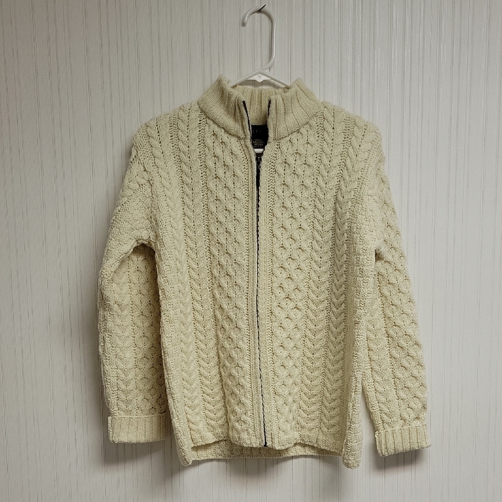 Inis Crafts, Cream Cable Knit Zip-Up Sweater, Women's  Sz Med. Merino Wool